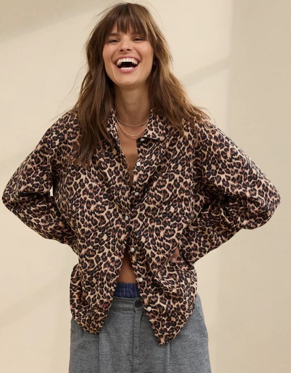Aerie Off-Duty Flannel Shirt Leopard Print Button Up Long Sleeve Size L